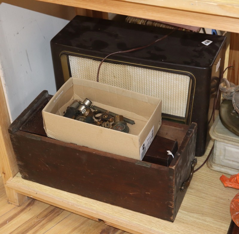 A Culpepper type microscope box, one other and microscope parts and a bakelite radio